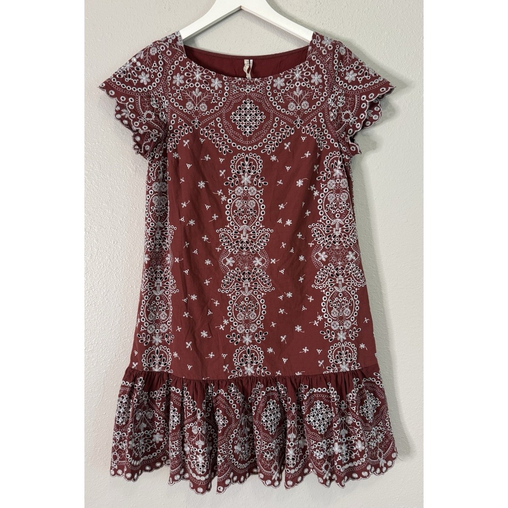Anthropologie Feather Bone Burgundy Eyelet Embroidered Boho Shift‎ Dress Small